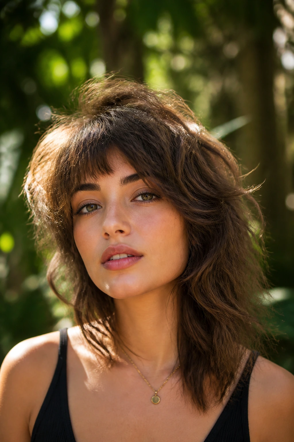 Close-up of a real person with a soft asymmetrical shag and textured layers.