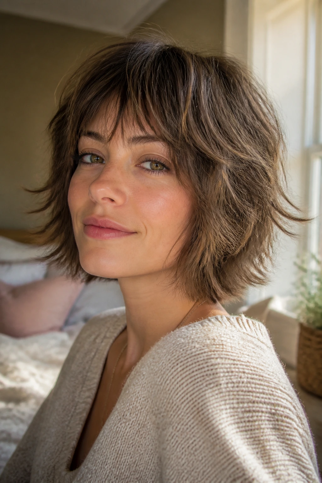 Close-up portrait of a real woman showing a soft shag on fine hair with crown layers in a warm bedroom.