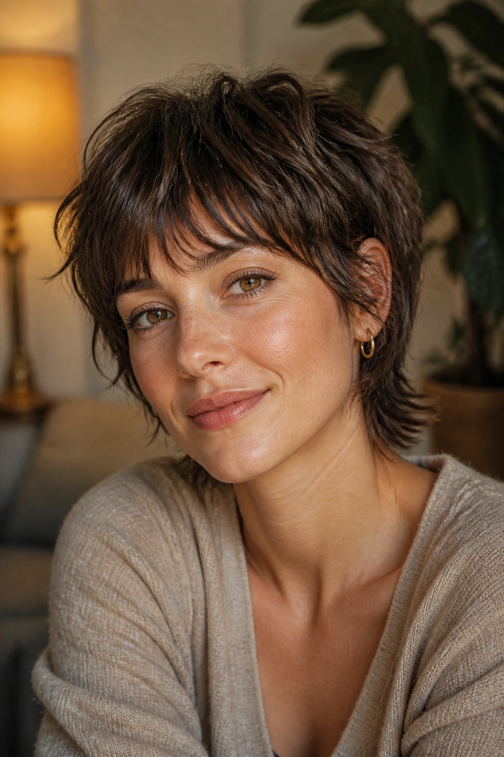 Close-up portrait of a real woman with a soft shag crop in a cozy living room
