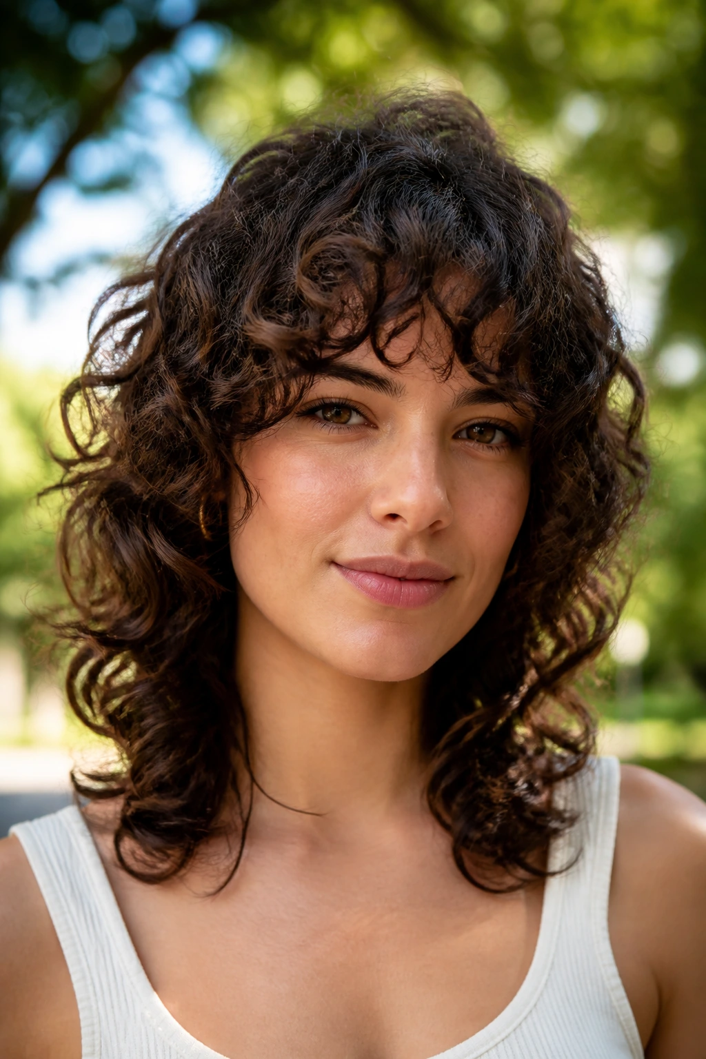 Close-up of a real woman with soft shag and curly bottleneck fringe in dappled sunlight