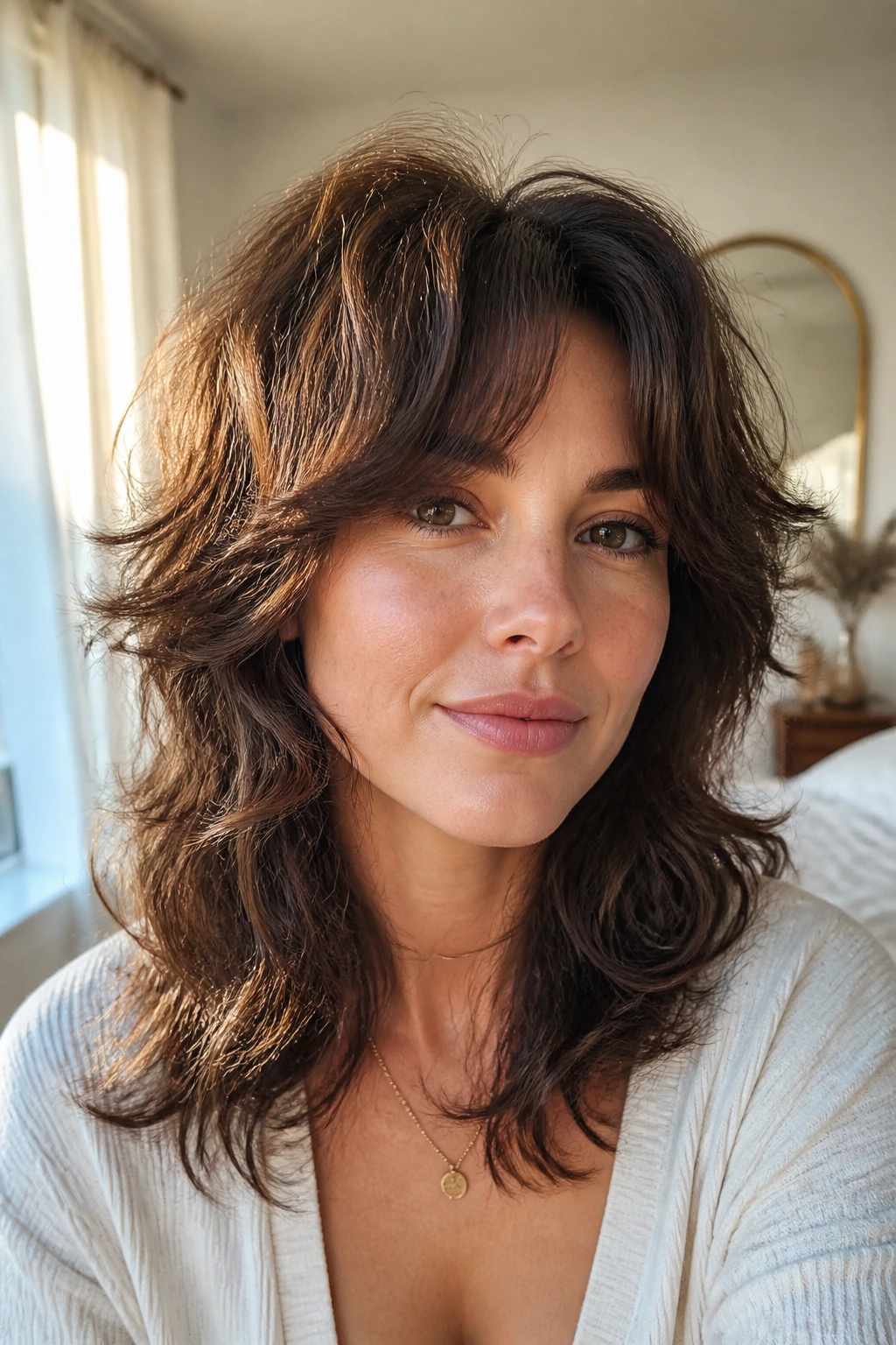 Close-up of a real woman with soft shag curtain bangs