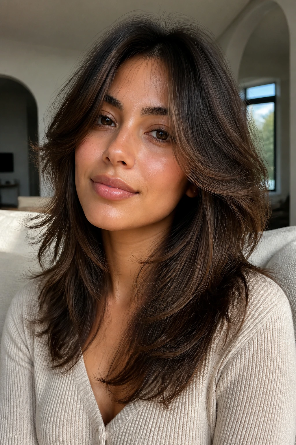 Close-up of a real woman with softly shagged layers around the nose.