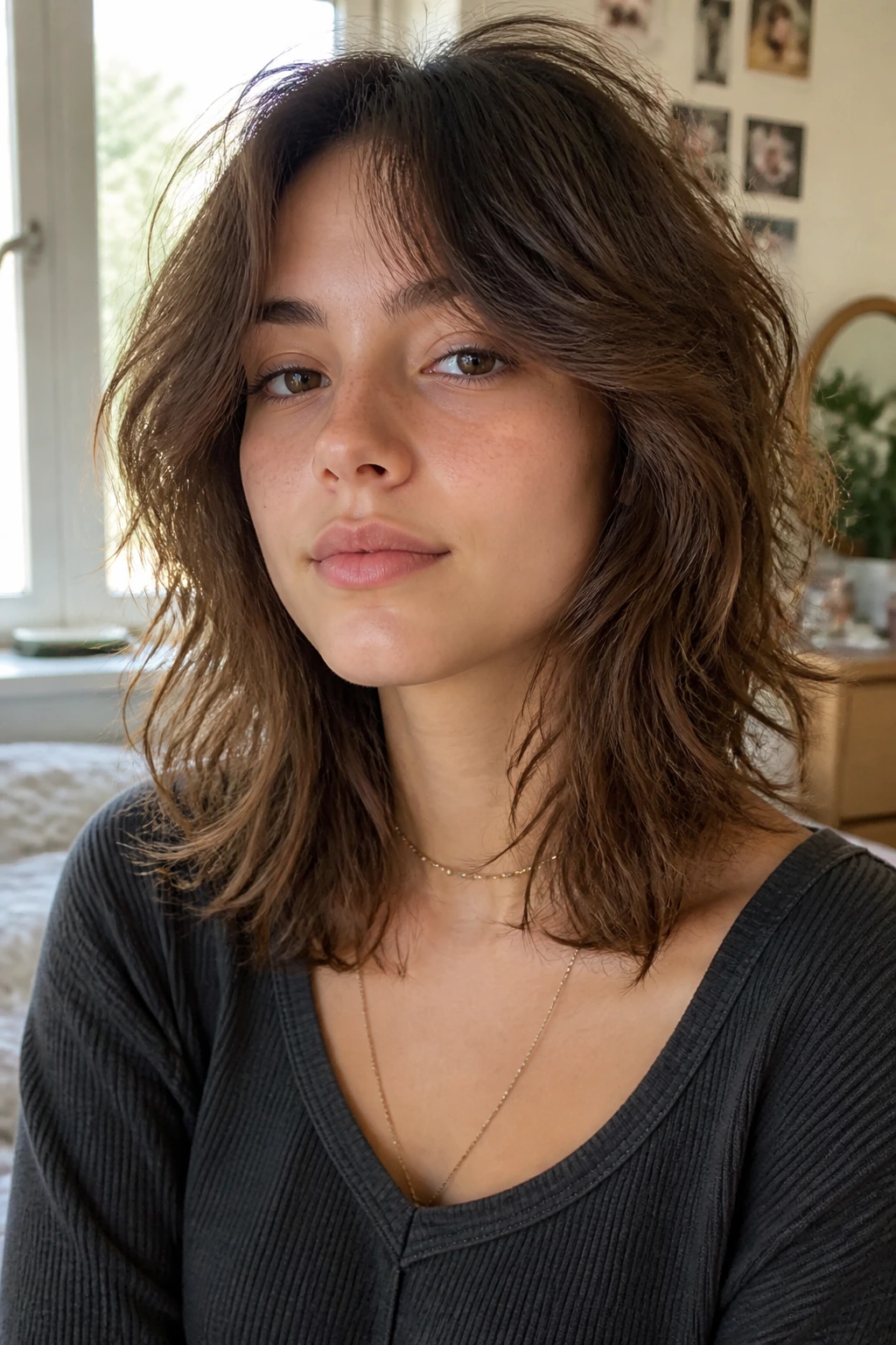 Teen with soft shag hairstyle in a sunlit bedroom