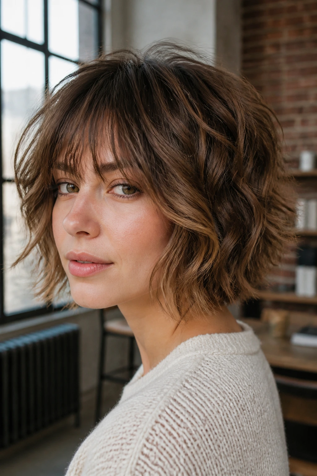 Close-up of a woman with a soft shaggy bob in an urban loft