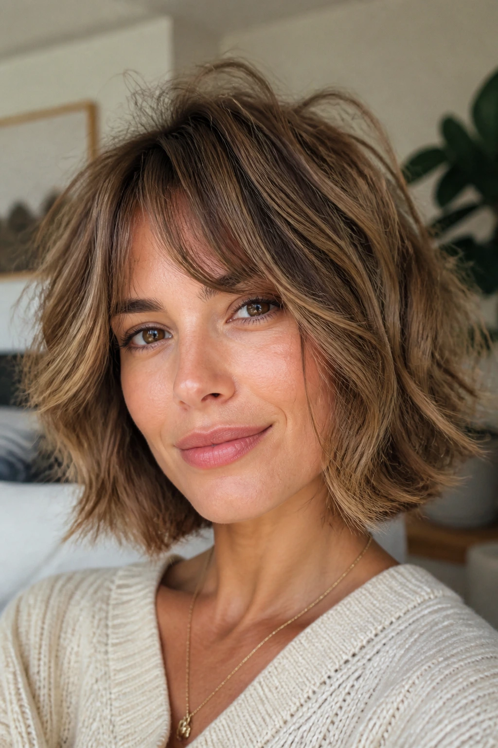 Real woman with soft shaggy bob showing crown lift and textured waves