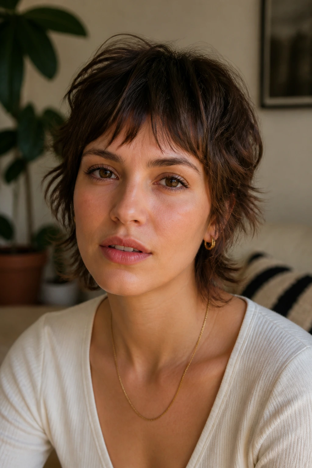 Close-up portrait of a real person with soft shaggy mini fringe in a cozy living room