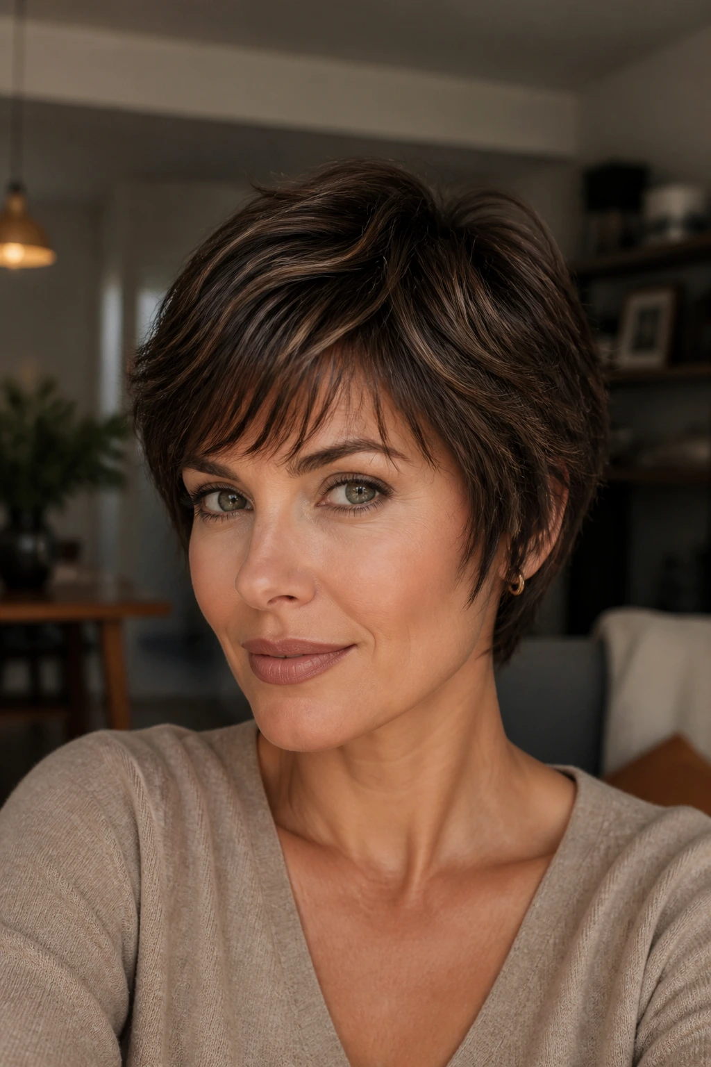 Portrait of a woman with a soft shaggy pixie-bob bixie haircut