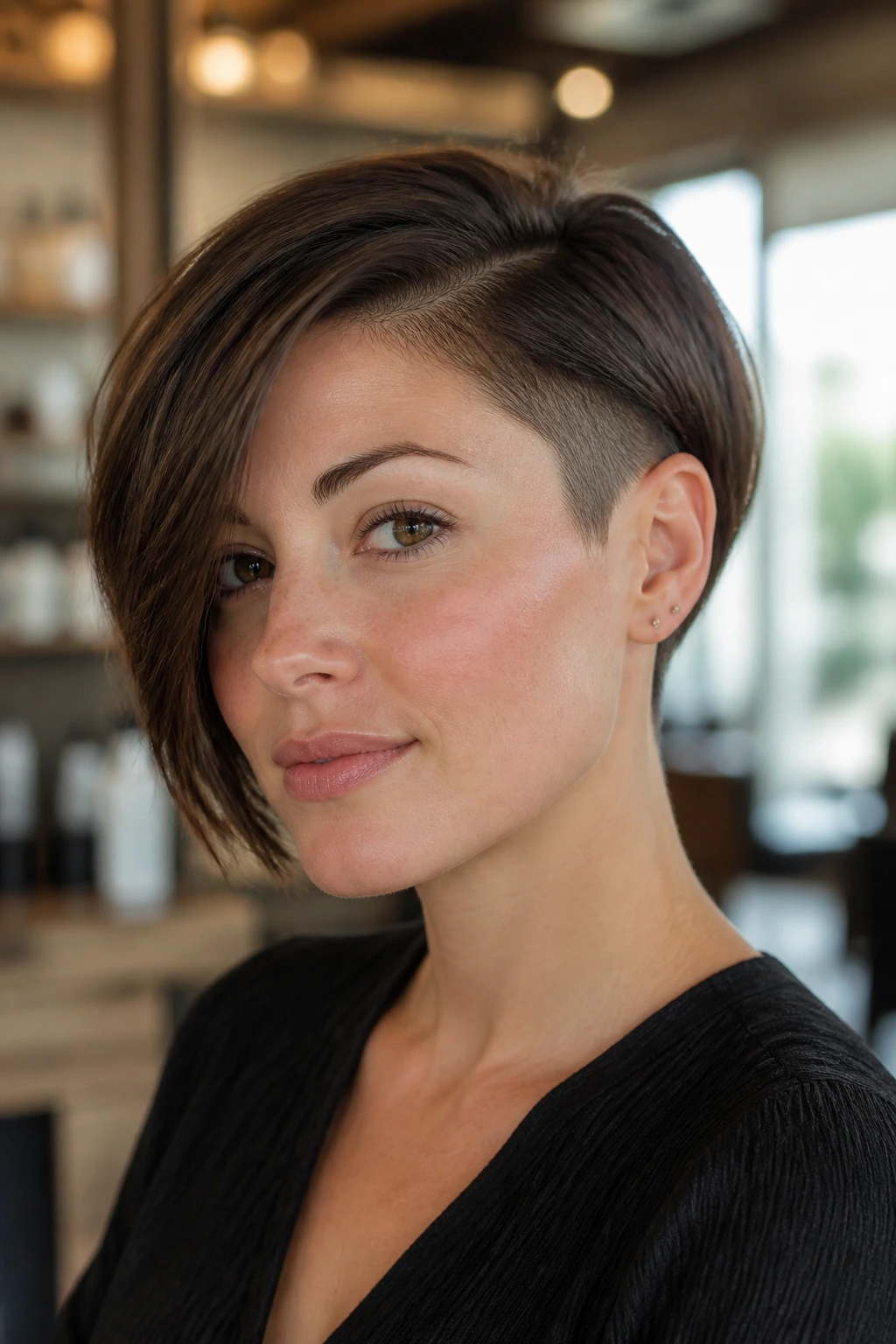 Close-up of a real person with a soft shave transition bob