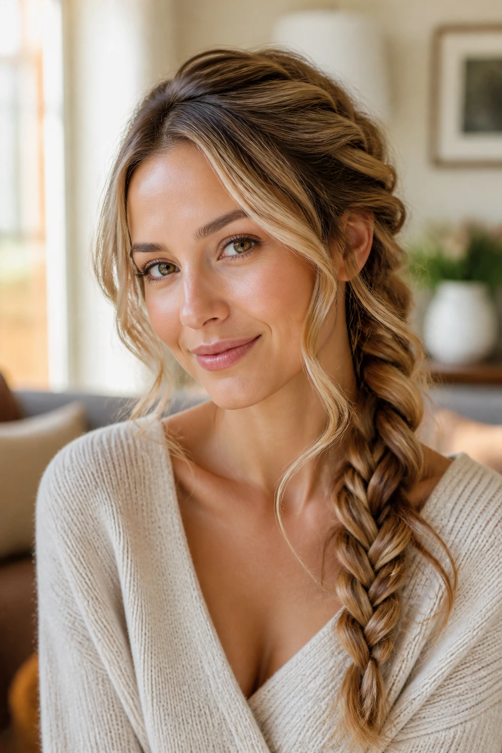 Close-up of a real woman with a soft side-swept braid over one shoulder and face-framing curls