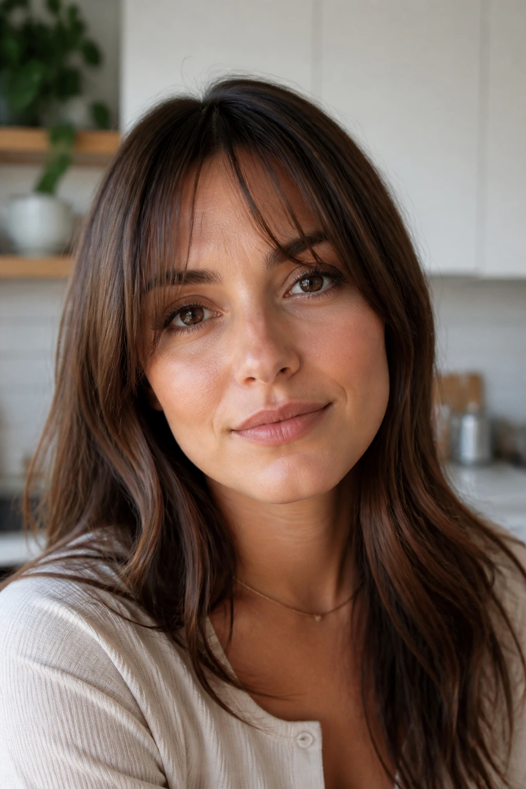 Close-up of a real woman with Soft Split Bangs peeking through the forehead.
