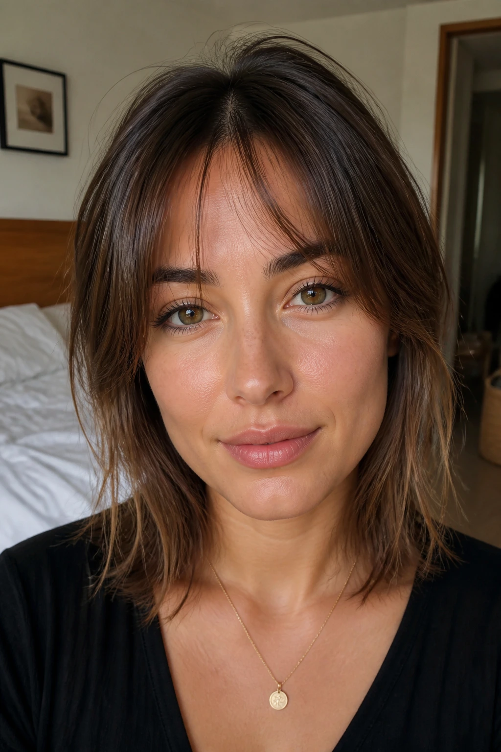 Close-up of a real woman with a soft split fringe