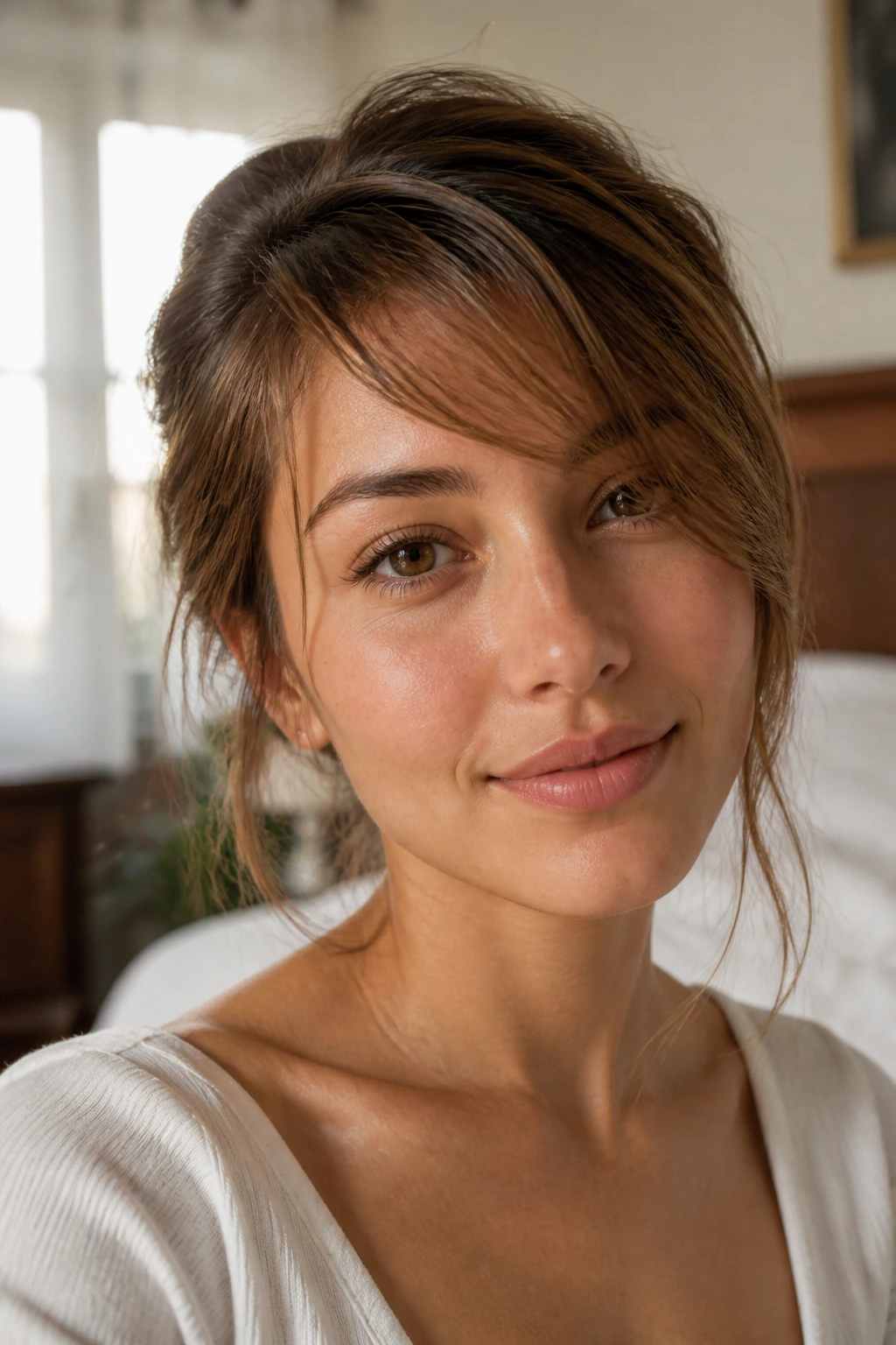 Soft Side-Swept bangs close-up portrait in sunlit bedroom