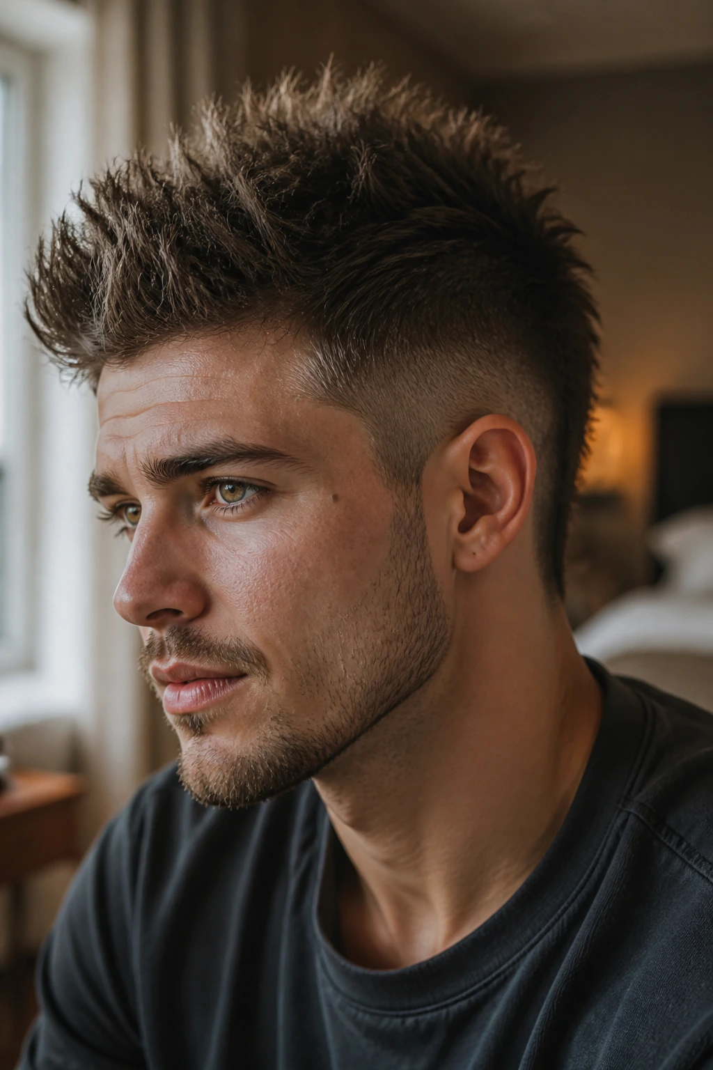 Close-up portrait of a real person with a soft tapered mohawk and natural texture in warm bedroom light