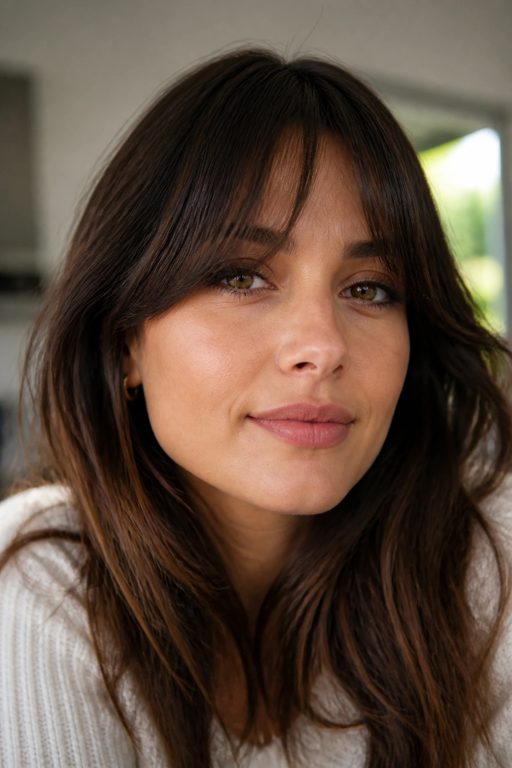 Portrait of a woman with softly tapered bangs.