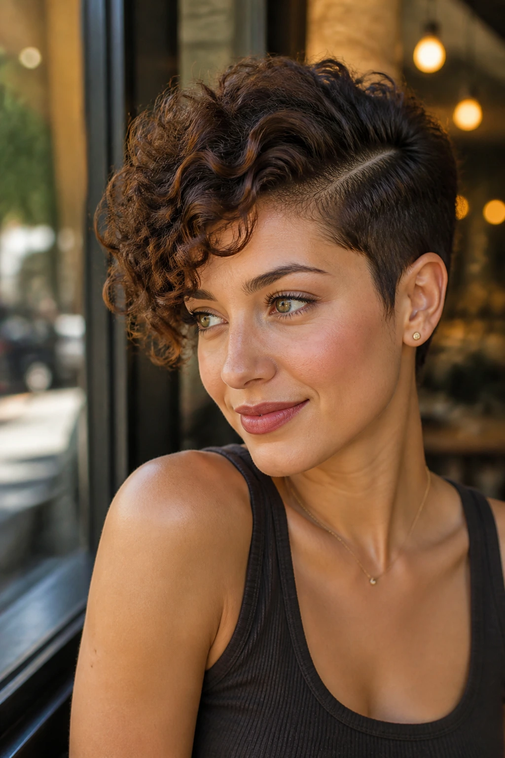 Close-up of a person with soft tapered curls and a side part