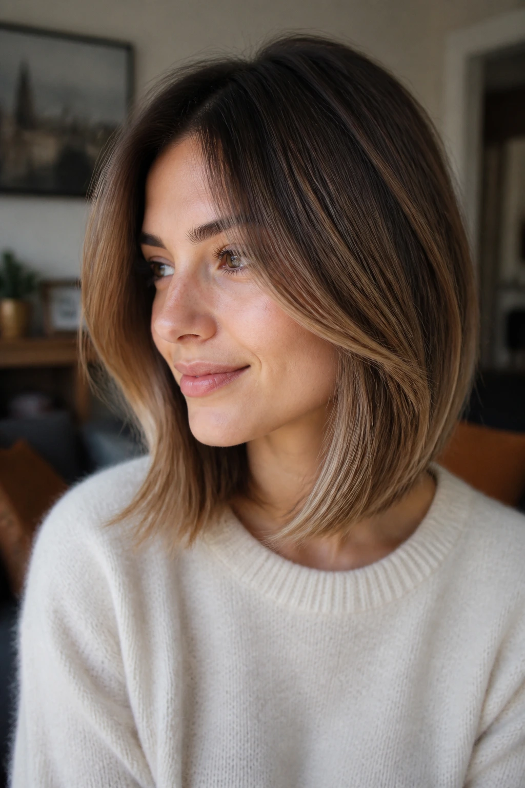Close-up portrait of a woman with a soft tapered lob in diffused daylight
