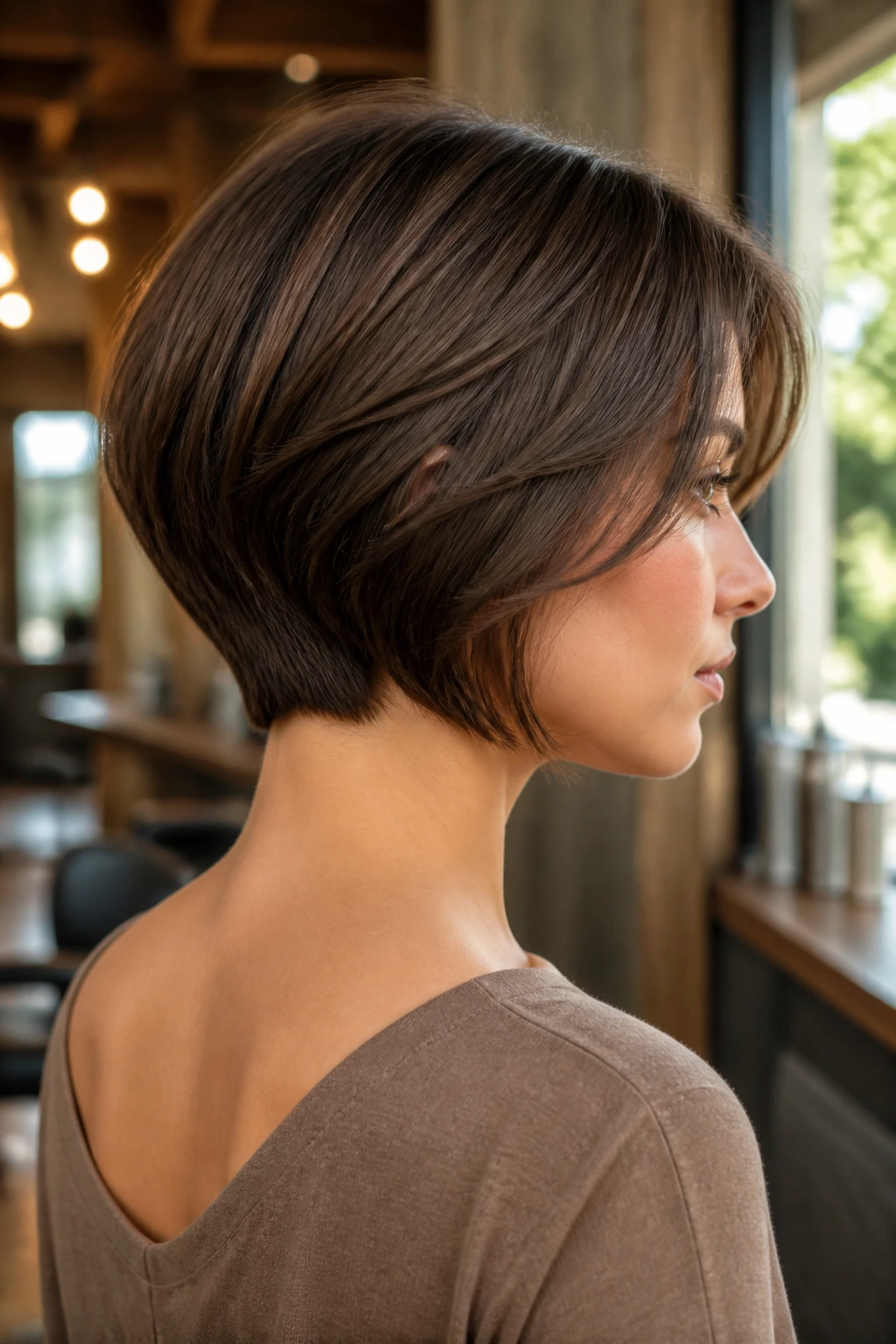 Close-up of a real woman with a soft-tapered nape bob highlighting the nape taper and soft layers on an oval face