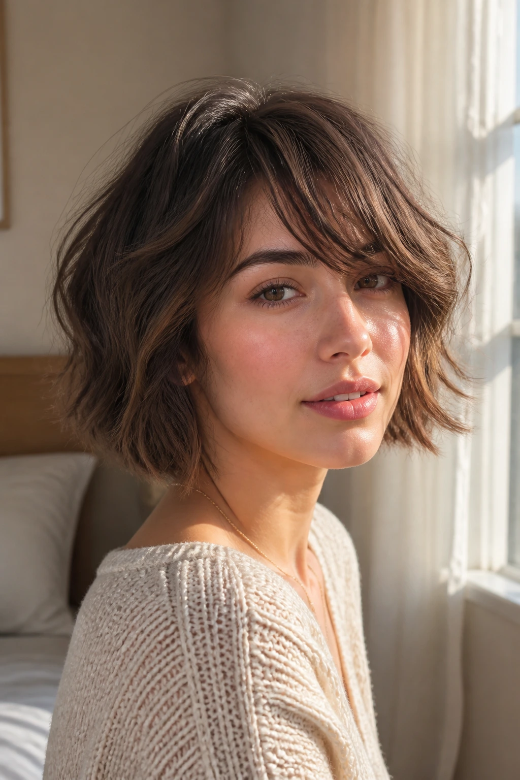 Close-up portrait of a real woman with a soft-textured wavy bob and side bangs in window light.