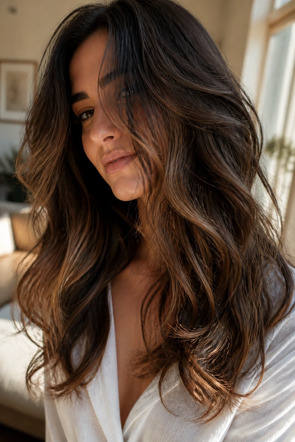 Portrait of a real person showing soft textured ends on layered thick hair