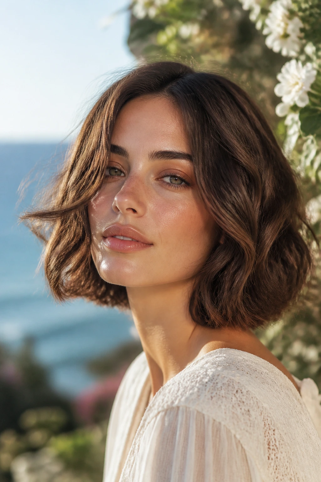 Close-up of a real woman with a soft-textured wavy bob by the seaside