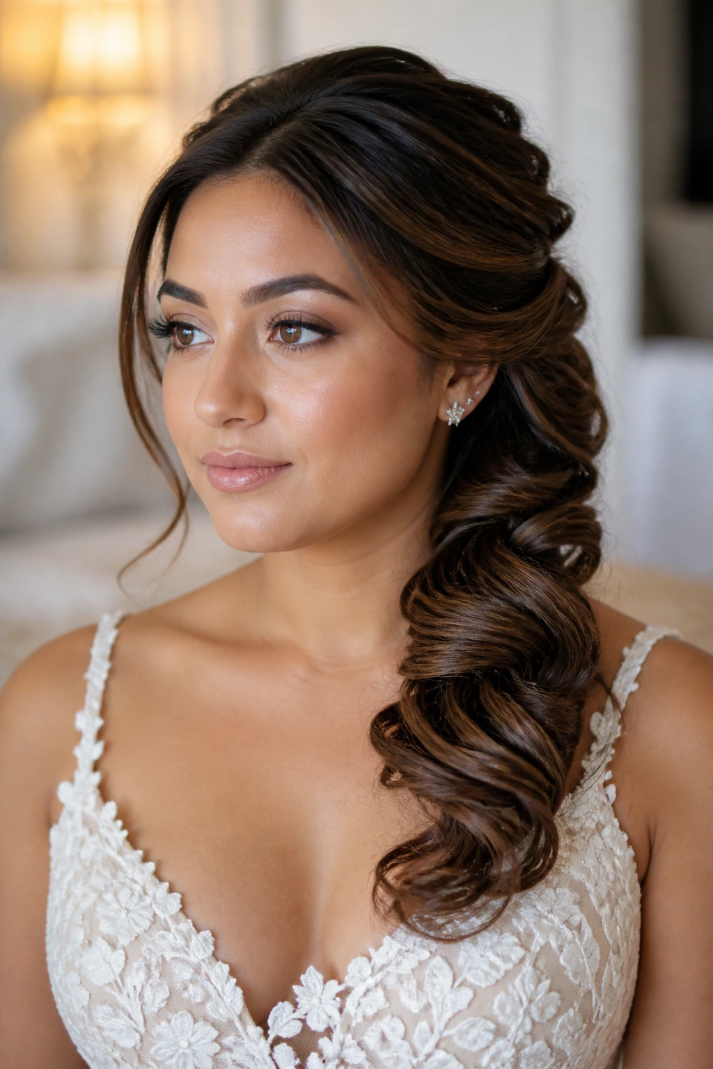 Real woman with a side-swept curled hairstyle secured by clear elastics in warm light