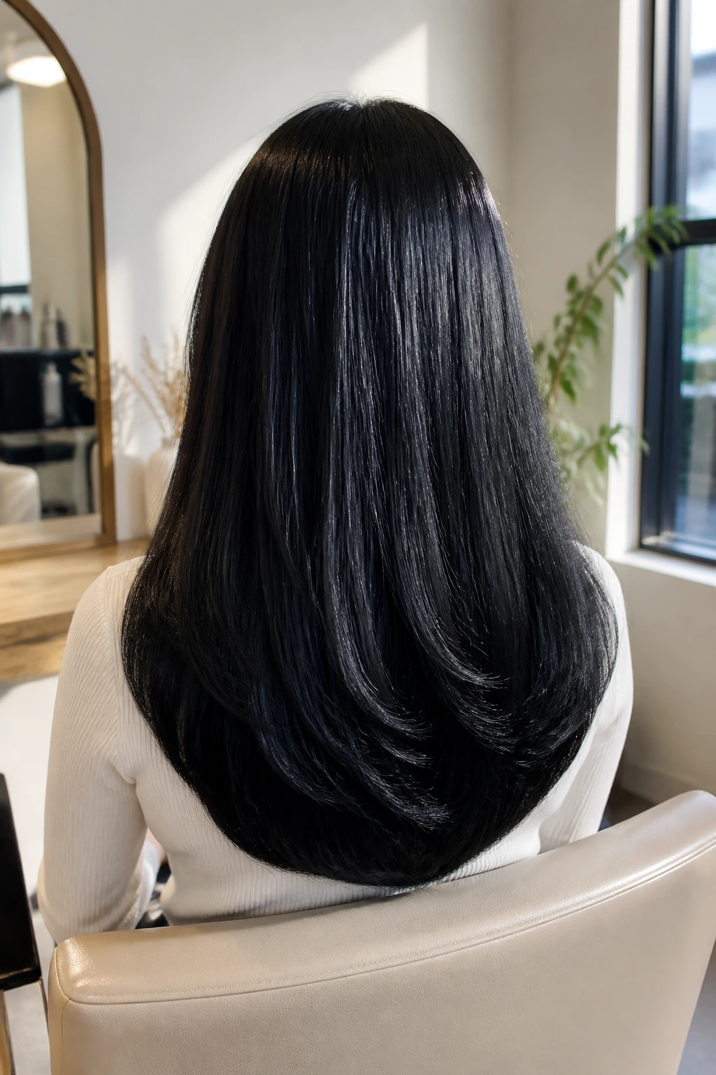 Back view of hair with soft U-shaped perimeter and rounded ends.