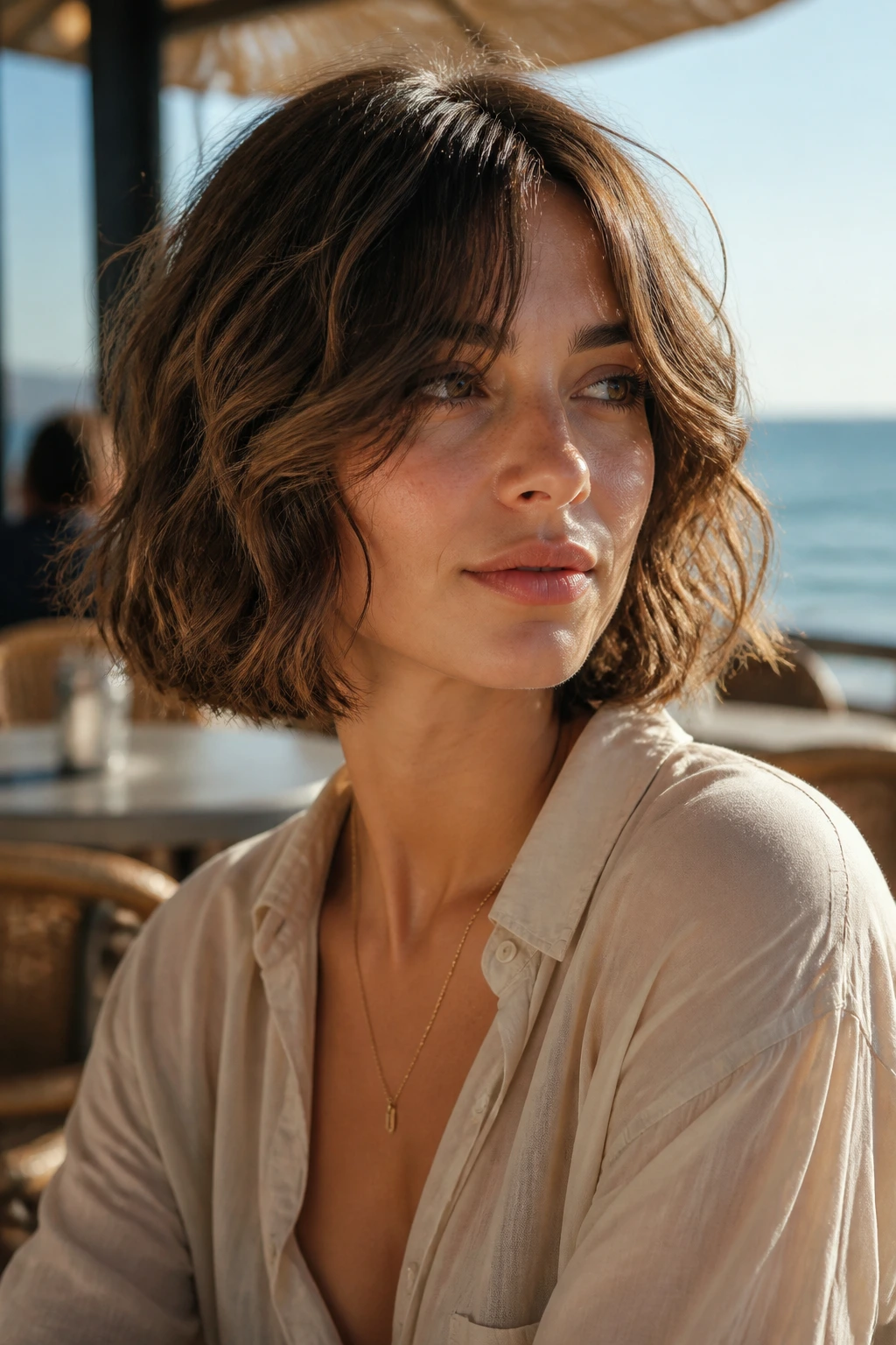 Portrait of a woman with a soft wave bob and curtain bangs outdoors