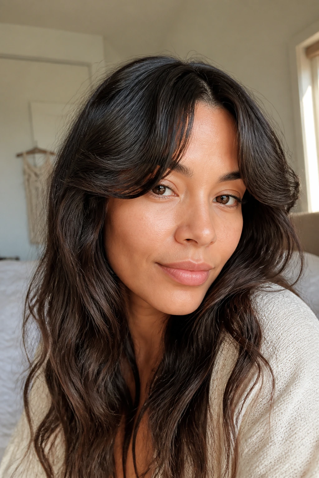 Close-up portrait of a real woman with soft wave curtain bangs framing the cheeks