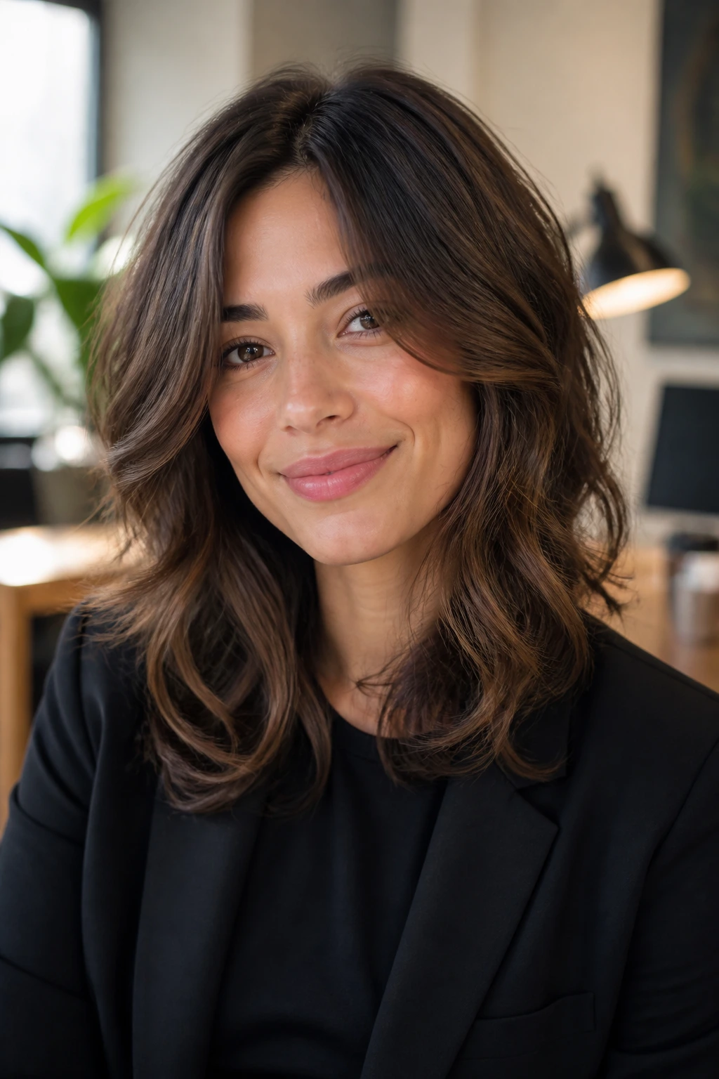 Real woman with soft wave stack showing natural texture in a cozy office corner.