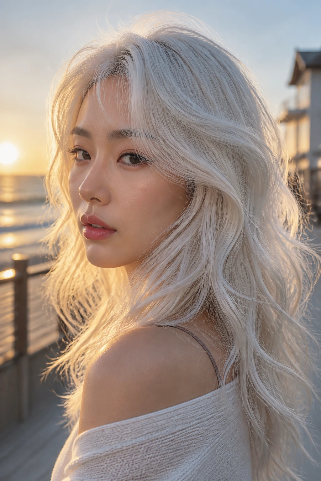 Close-up portrait of a real woman with platinum white cloud hair in soft beach waves