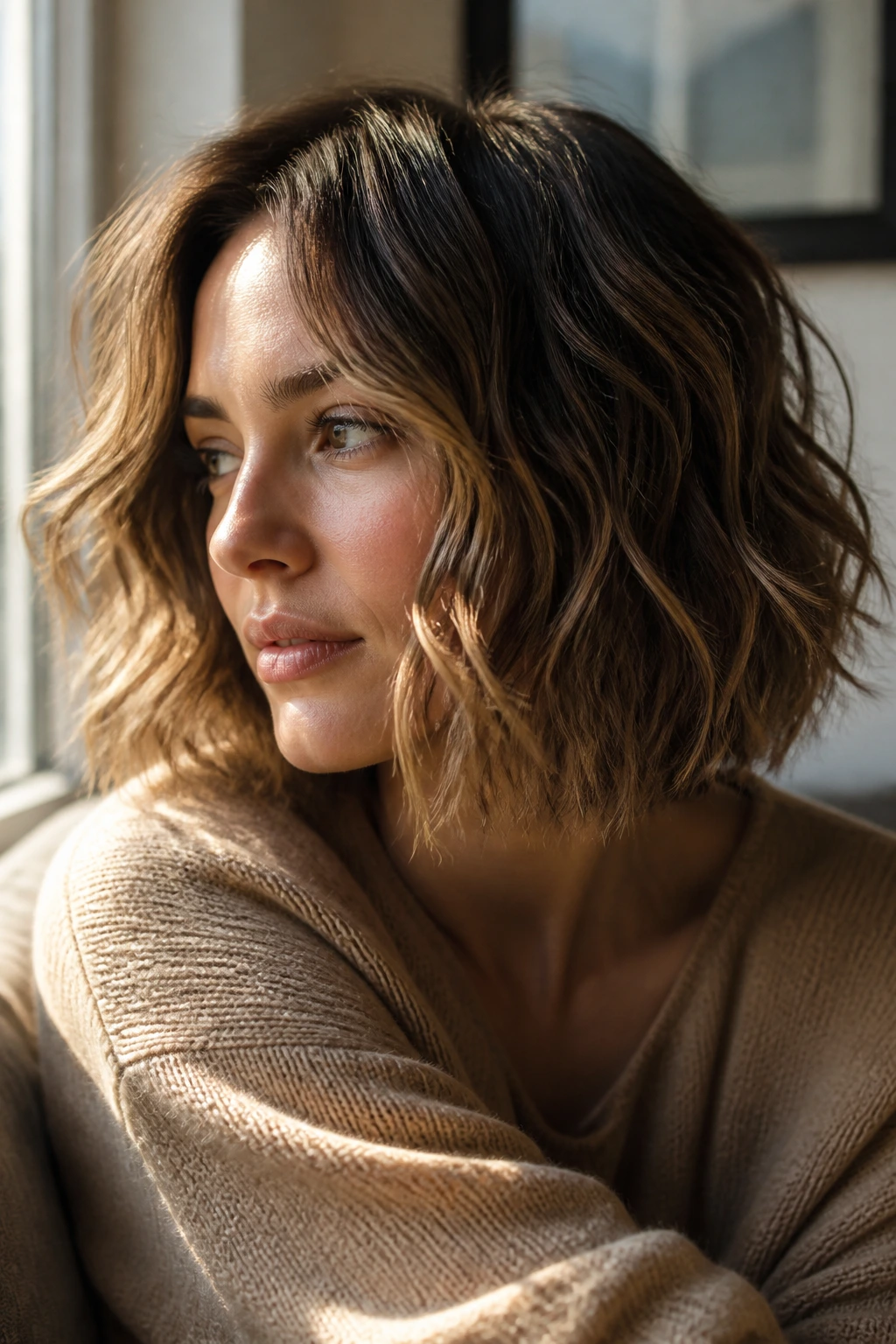 Real woman with soft-wave razored bob in sunlit setting