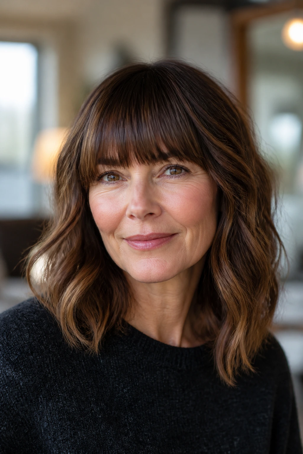 Close-up of a real woman with soft waves and a blunt fringe.