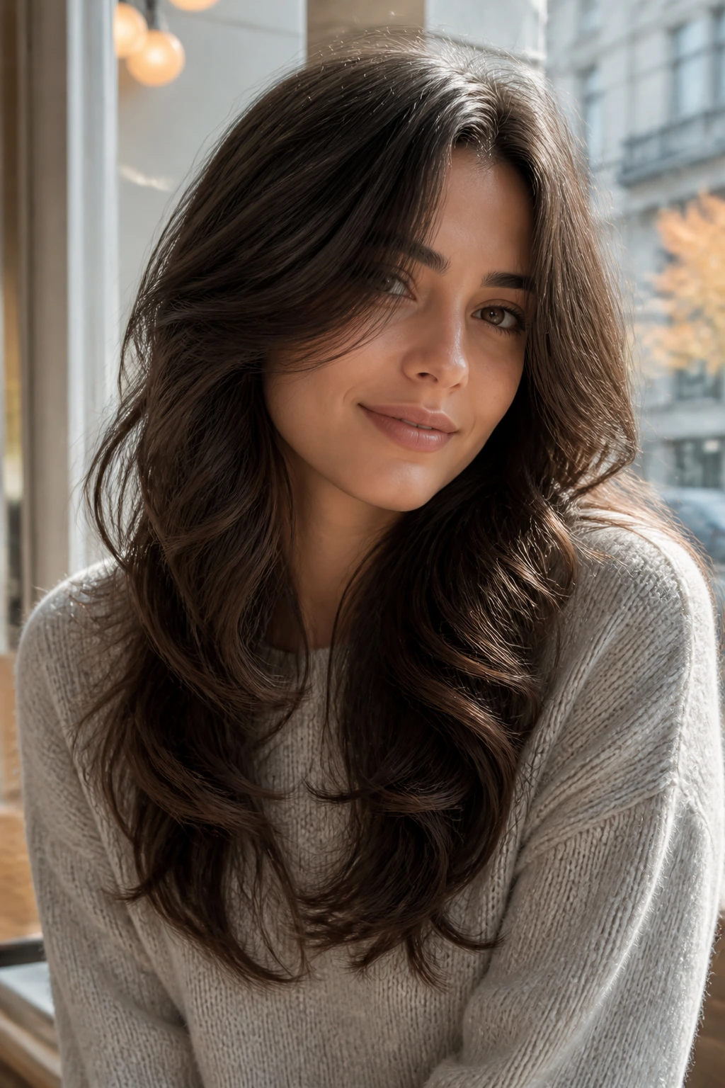 Real woman with butterfly cut on soft waves framing face in warm cafe light