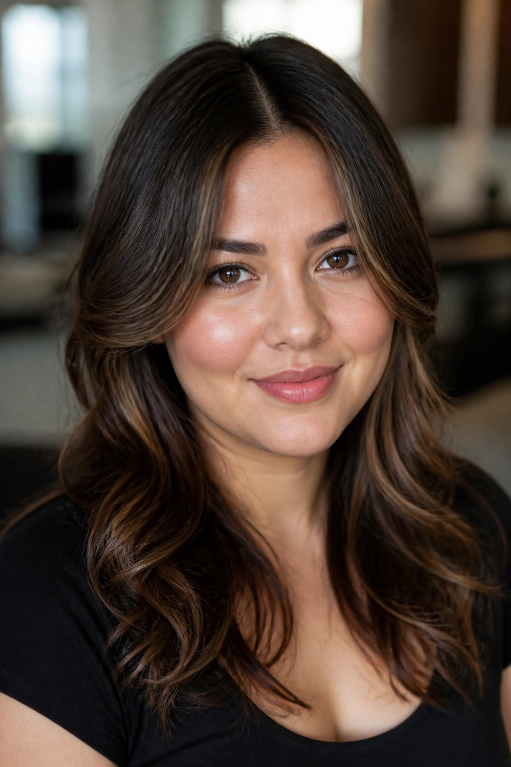 Close-up portrait of a real woman with soft waves, center part and cheekbone-length layers.