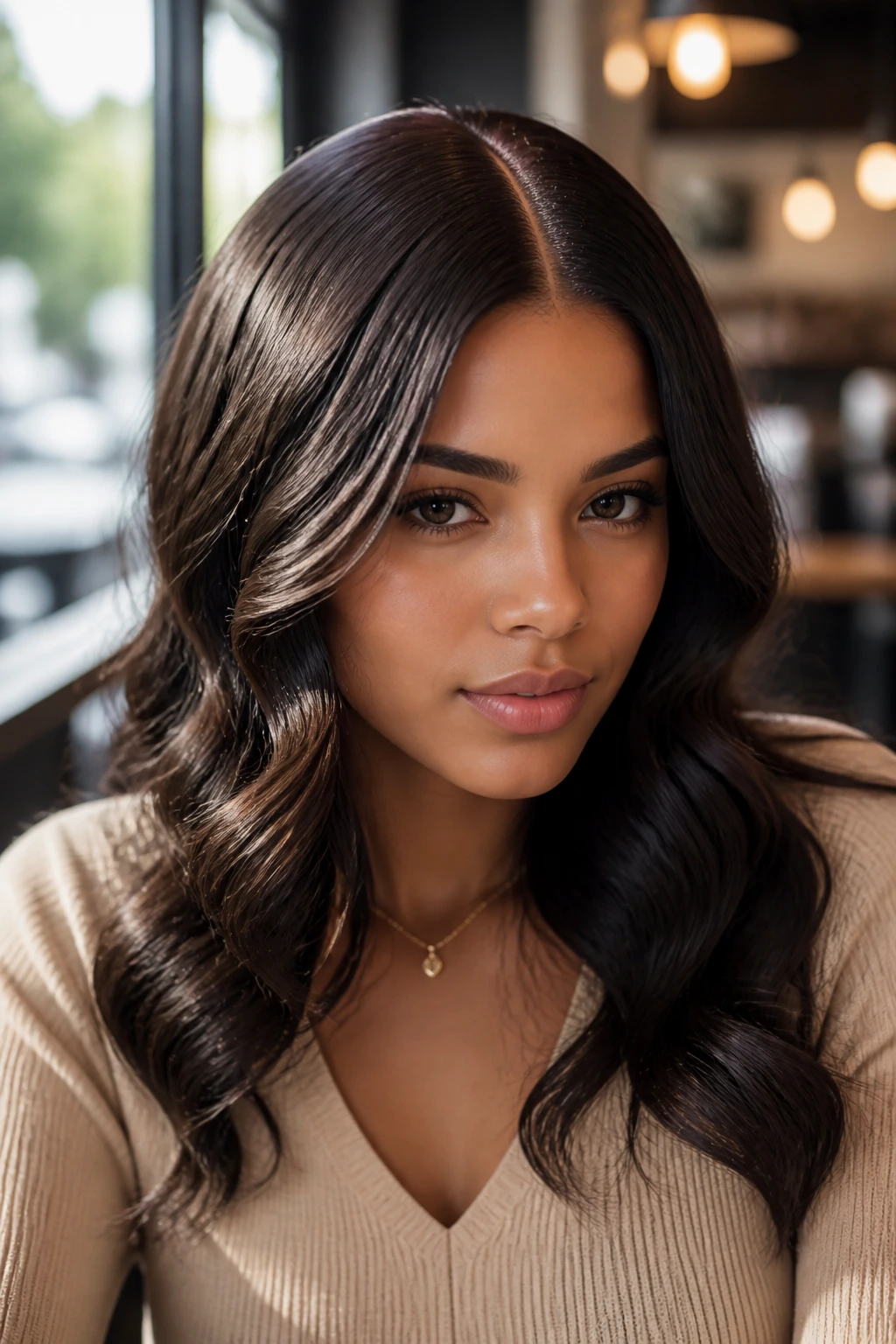 Close-up of a real woman with soft waves and a deep center part in a sunlit cafe.