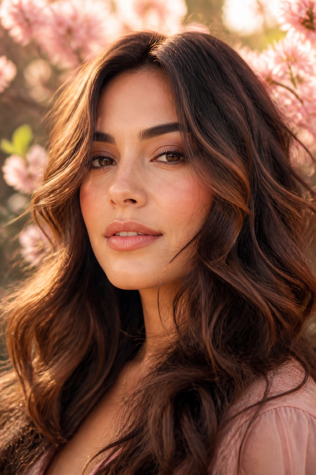 Close-up of a real woman with romantic soft waves in a garden setting