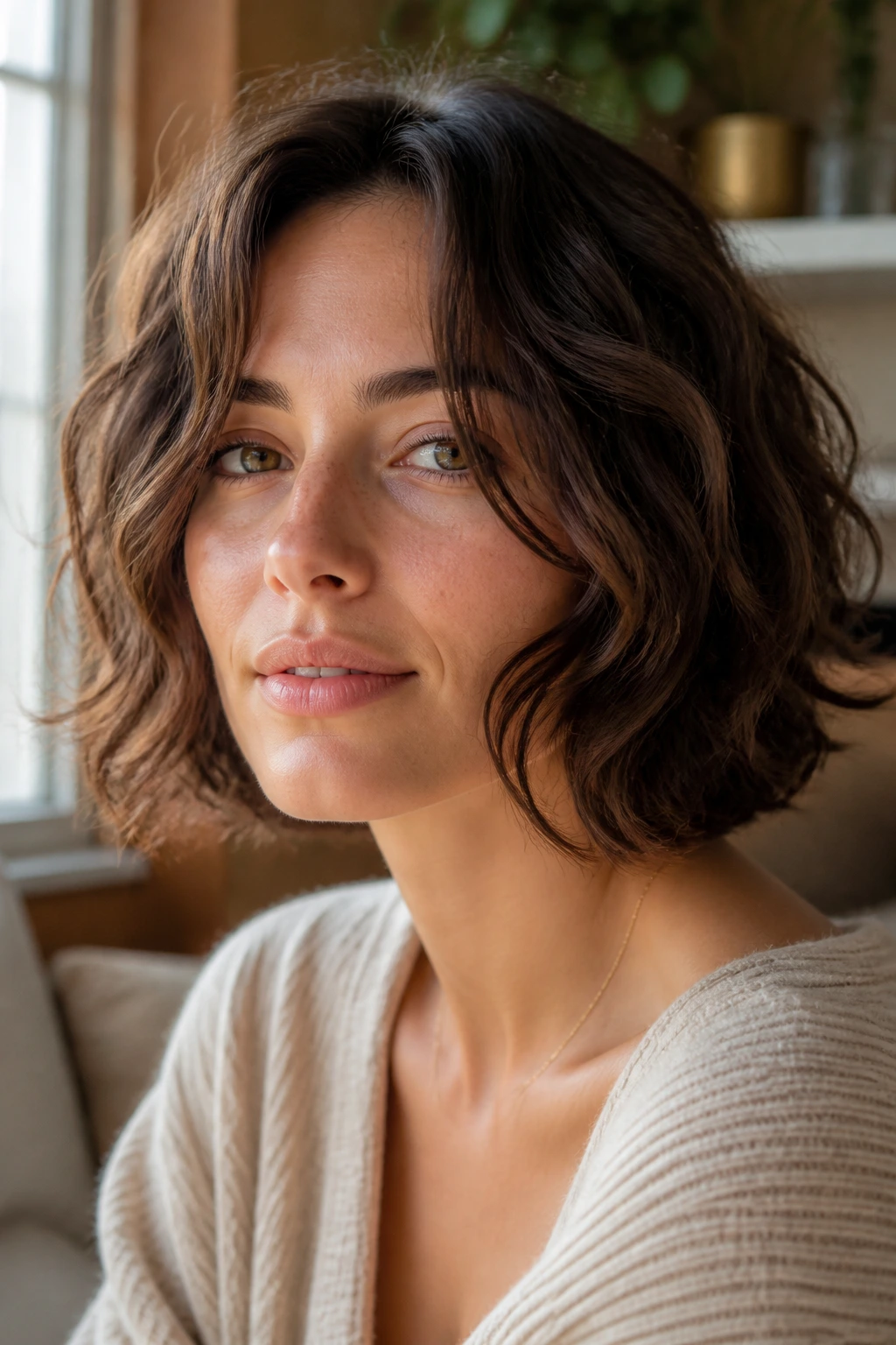 Portrait of a real person with jaw-length soft waves framing the face in warm window light