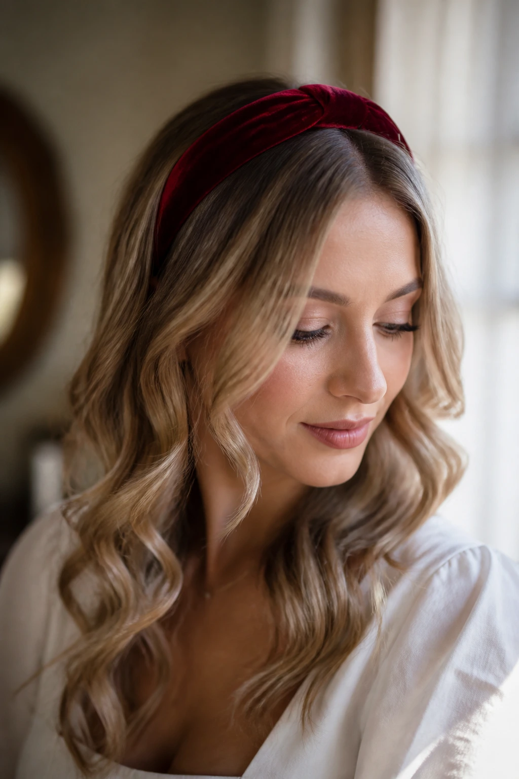 Close-up portrait of woman with romantic waves and a headband