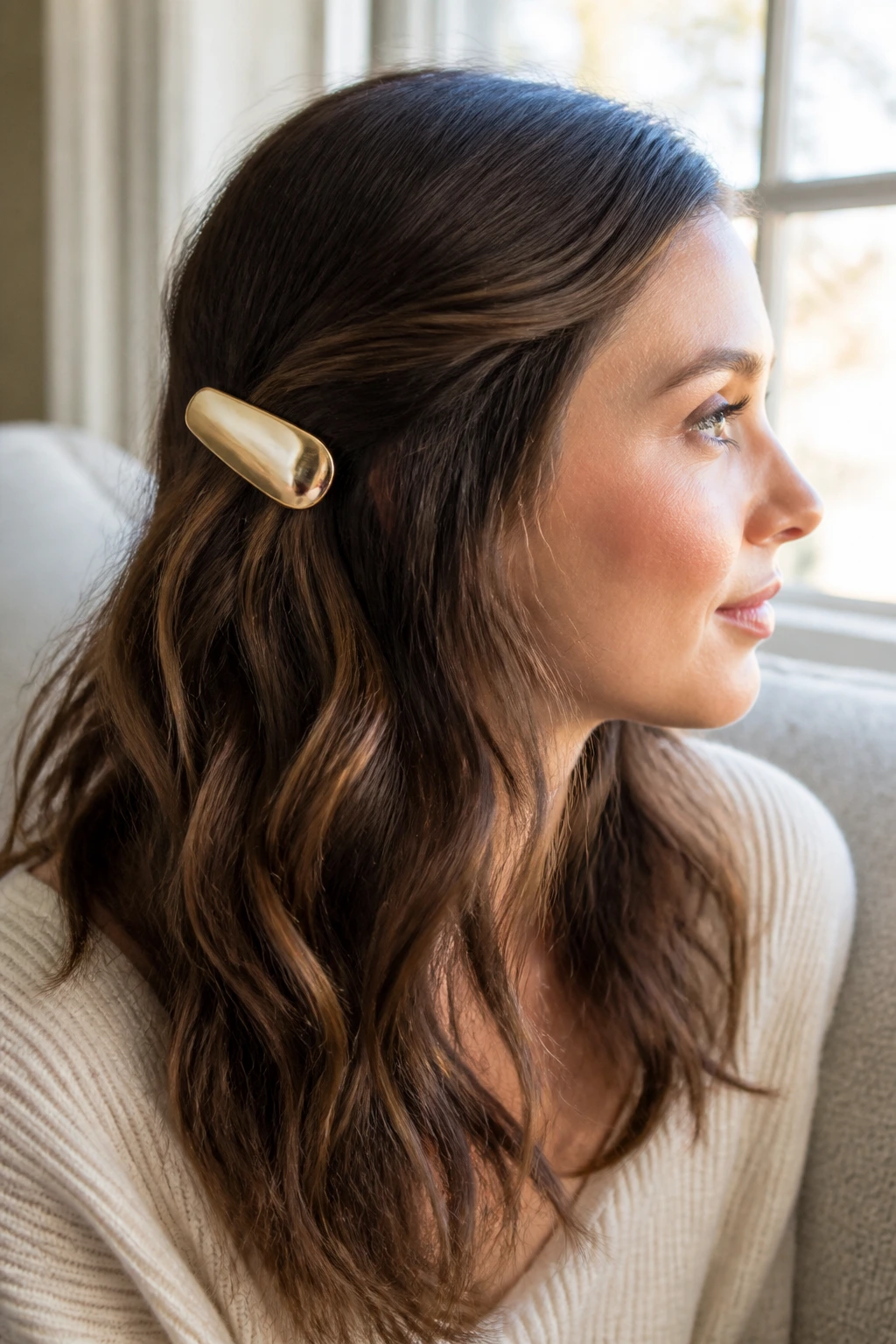 Real woman's soft waves gathered by a large metallic clip on one side