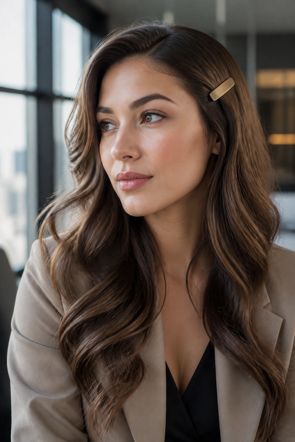 Close-up of a woman with cascading waves and a side clip in an office setting