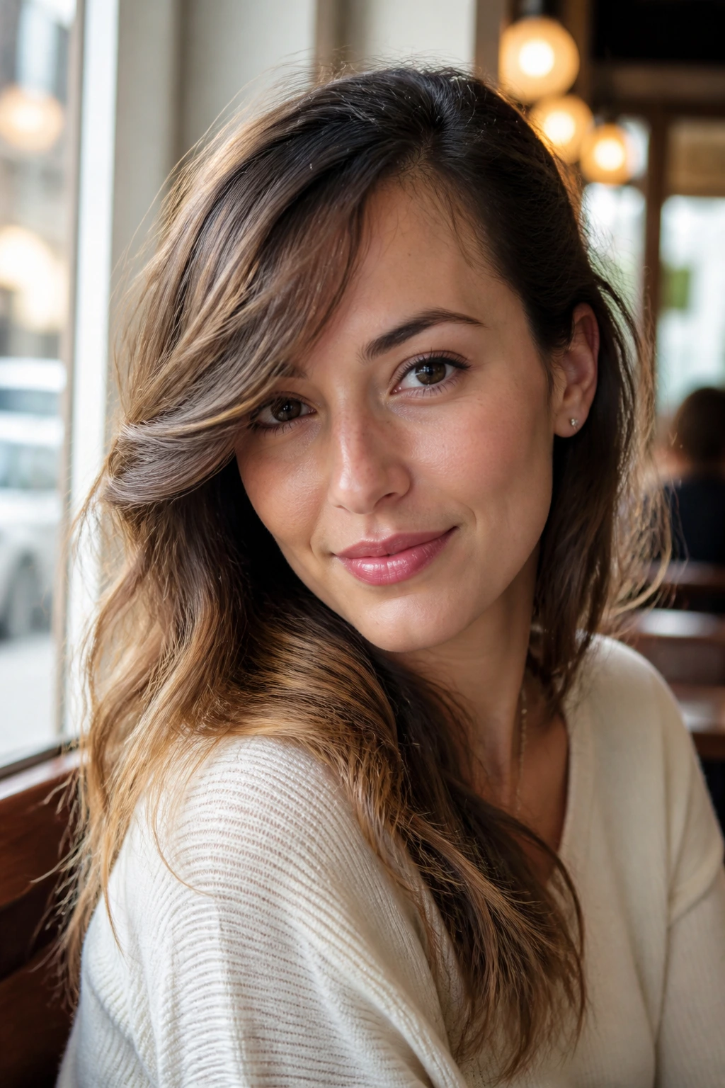 Close-up of a real woman with soft waves swept to the side in natural daylight
