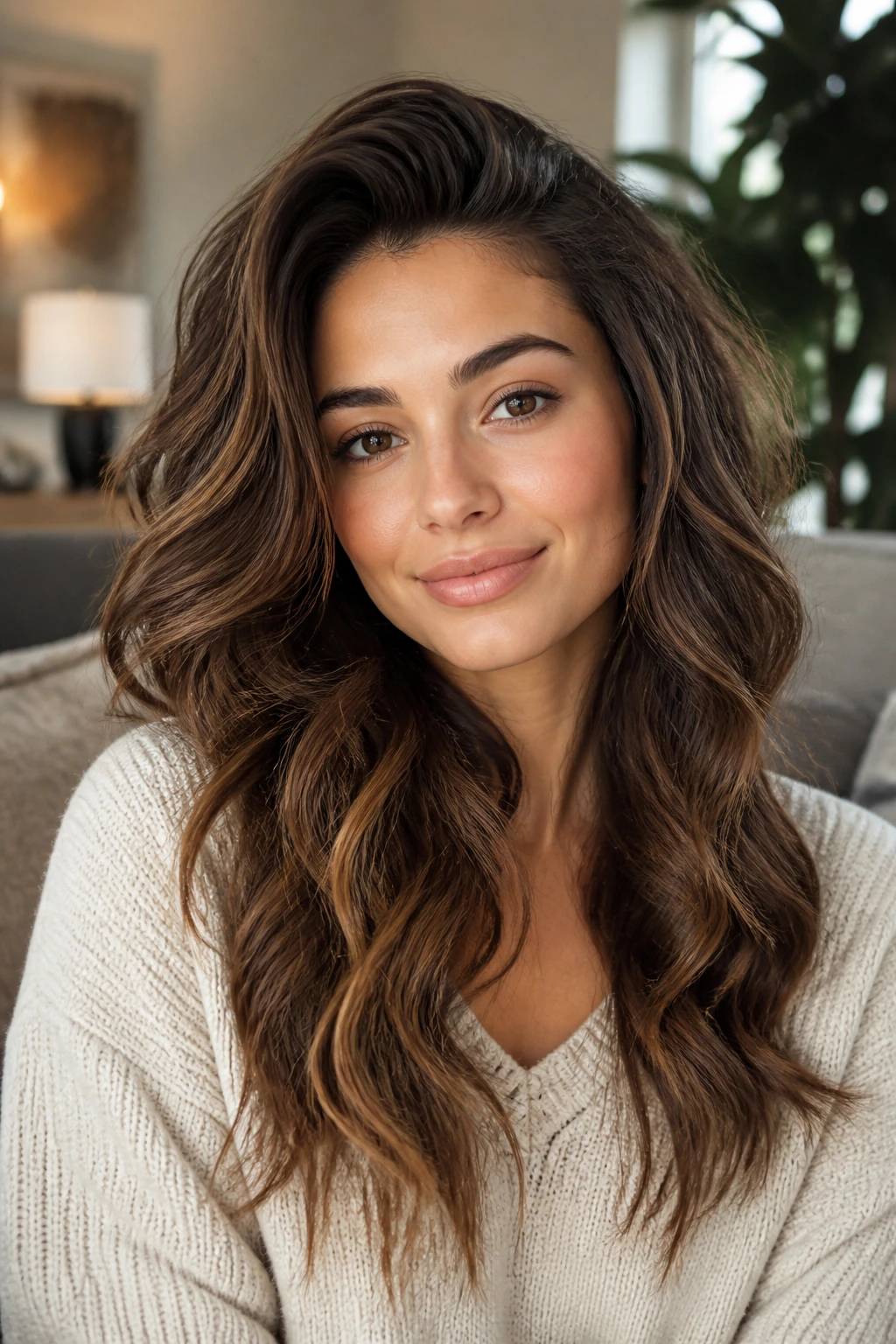 Close-up of a woman with soft waves and voluminous roots in cozy living room