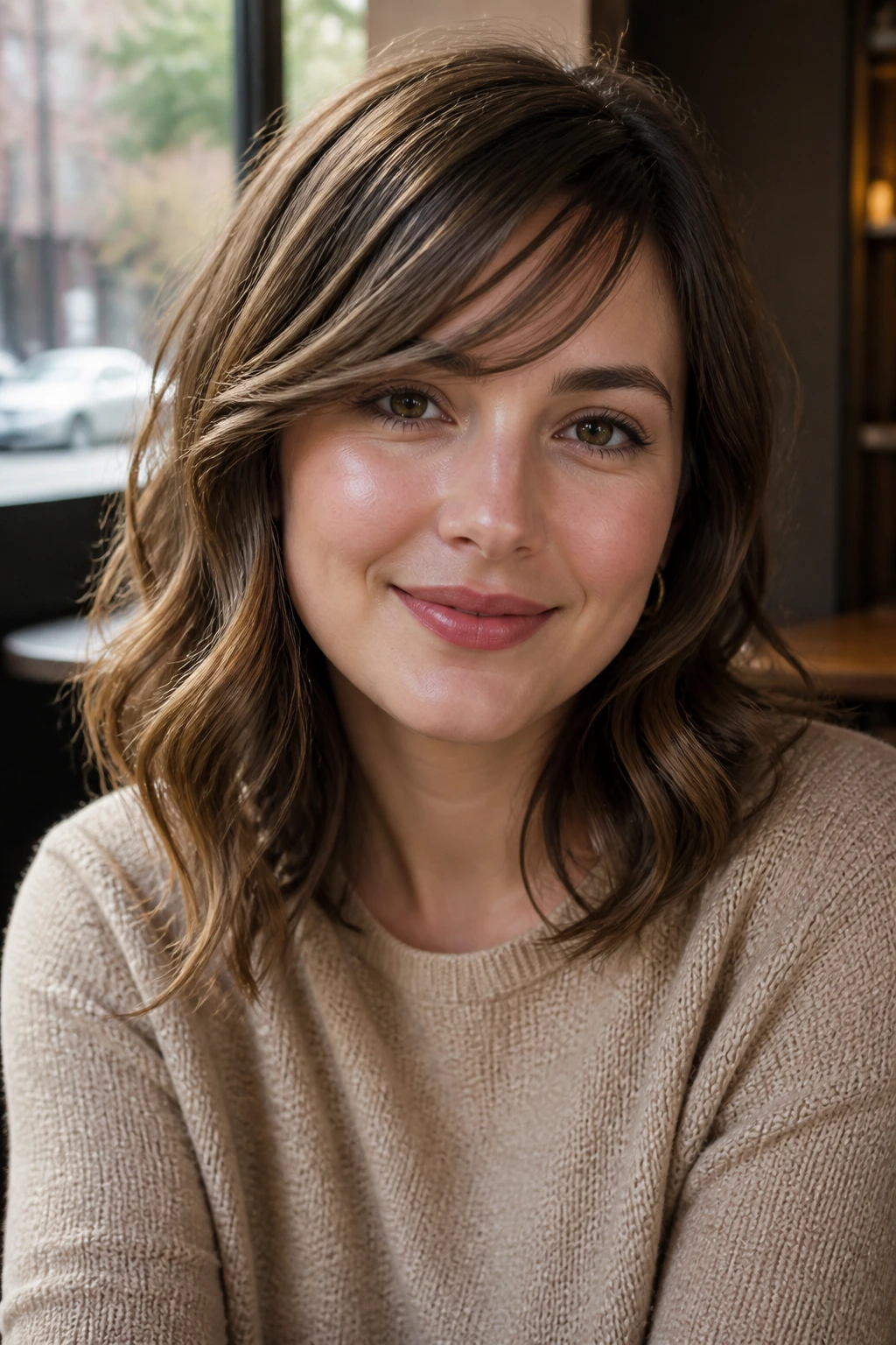 Portrait of a woman with soft waves and wispy side bangs in natural light