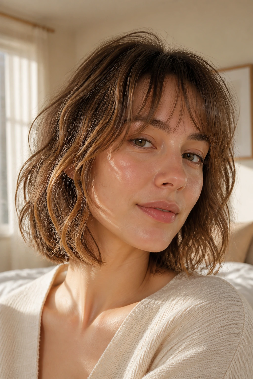 Close-up of a real woman with soft waves and wispy fringe in natural morning light.