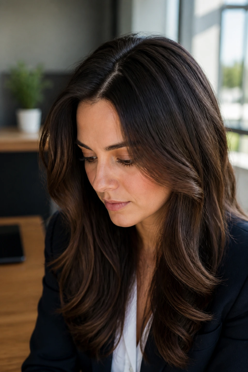 Close-up of a woman with soft waves and a zig-zag part framing her face