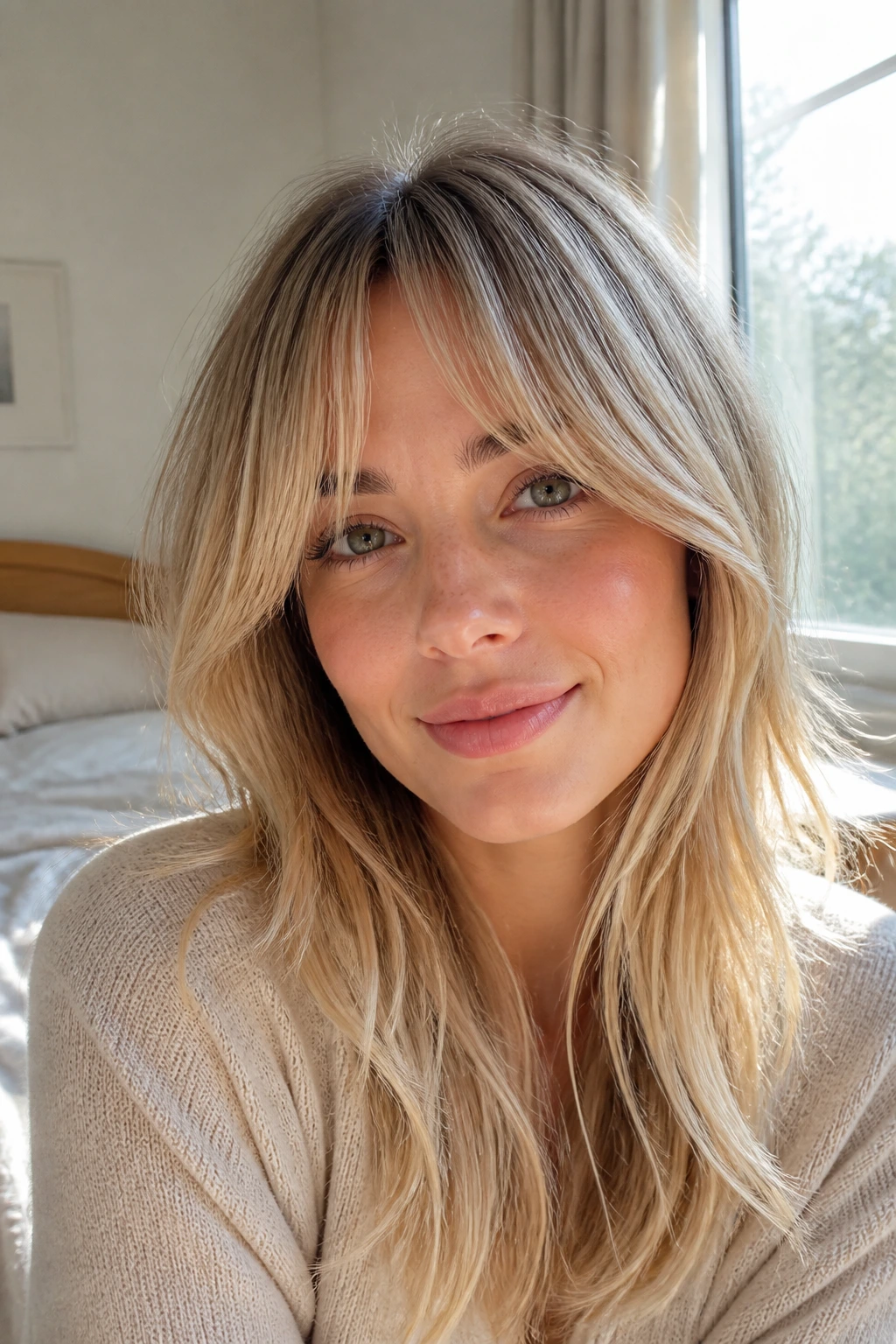 Real woman with soft wispy curtain bangs in natural window light.
