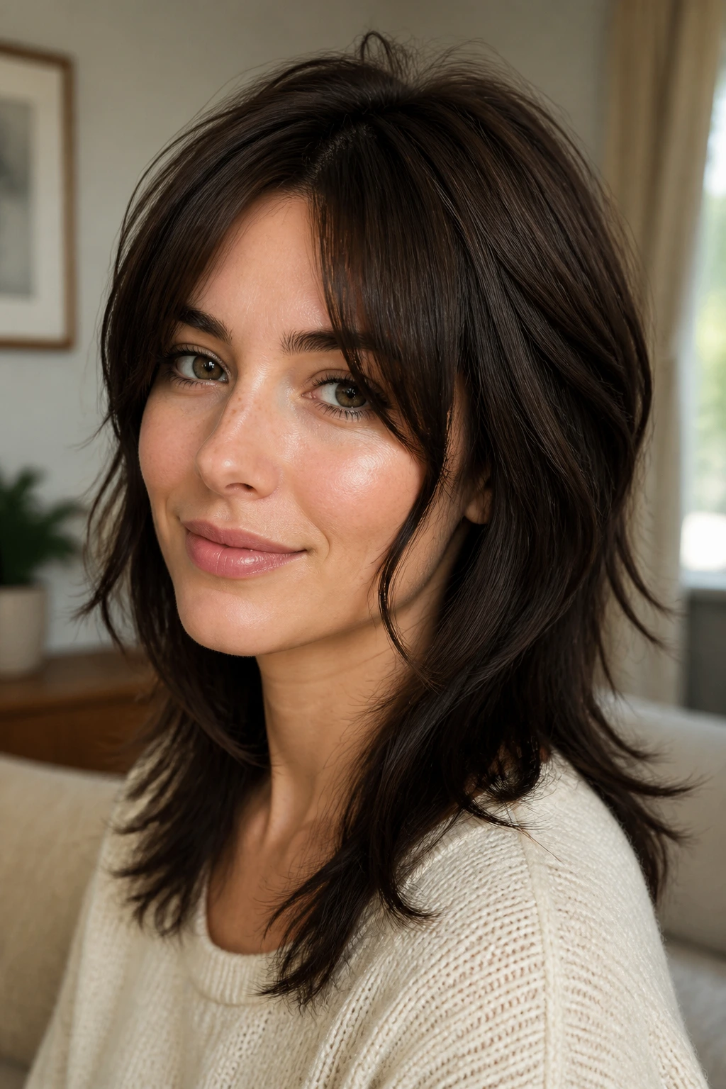 Close-up portrait of a woman with a soft wolf cut and face-framing tendrils