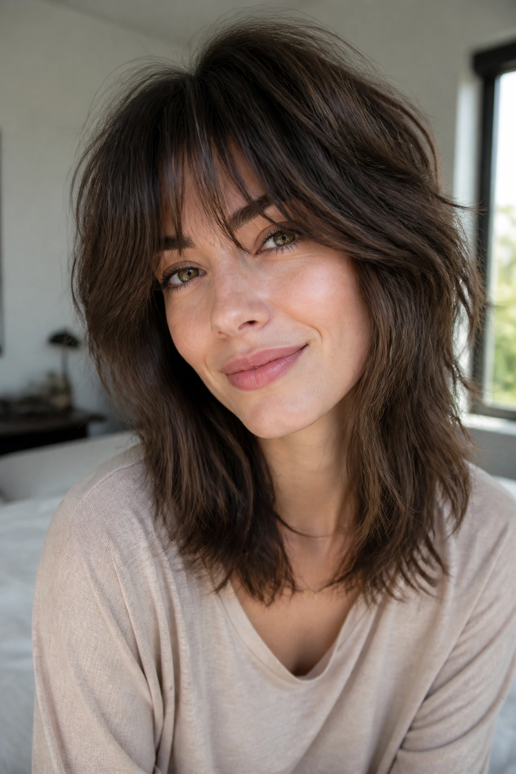 Close-up of real woman with a soft wolf cut for fine hair