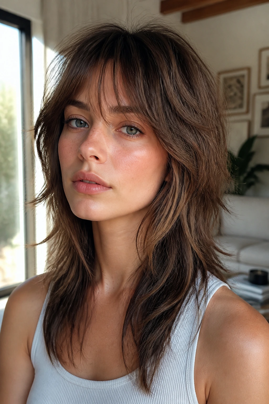 Close-up portrait of a real woman with a soft wolf cut in bright living room light