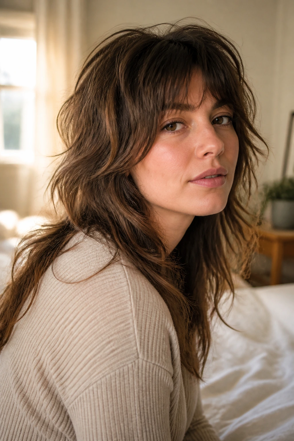 Close-up portrait of a real woman with a heavy crown and textured ends of The Soft Wolf Cut.